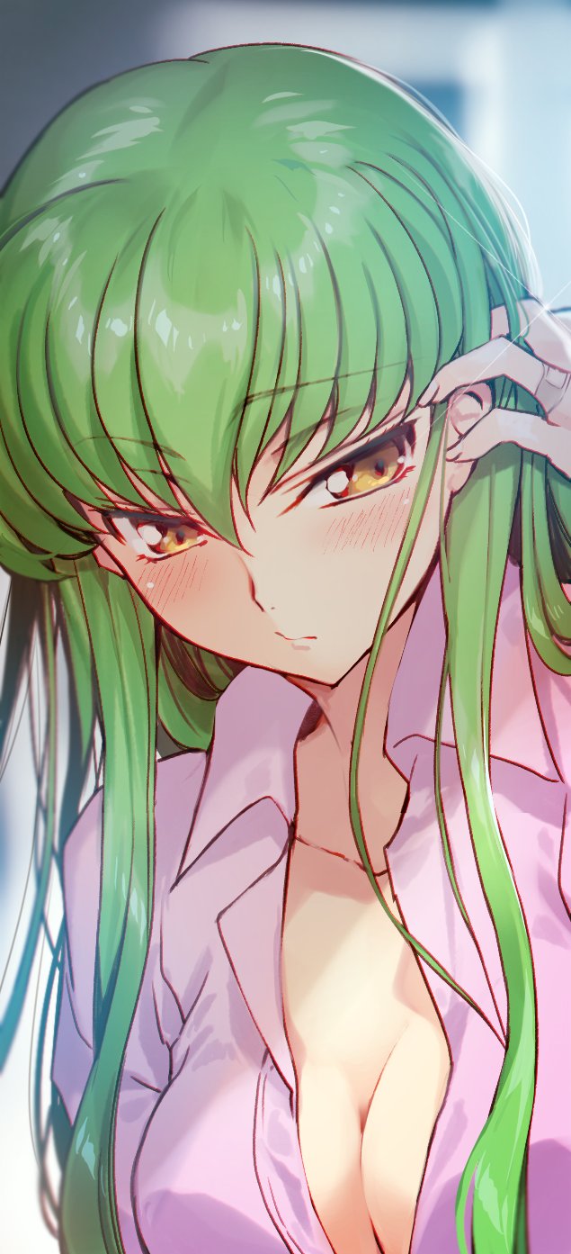 1girl bandaid_on_finger blush breasts c.c. cleavage code_geass collared_shirt creayus eyebrows_visible_through_hair green_hair hair_between_eyes hair_tucking hand_up highres large_breasts long_hair naked_shirt pink_shirt popped_collar shirt solo upper_body wing_collar yellow_eyes