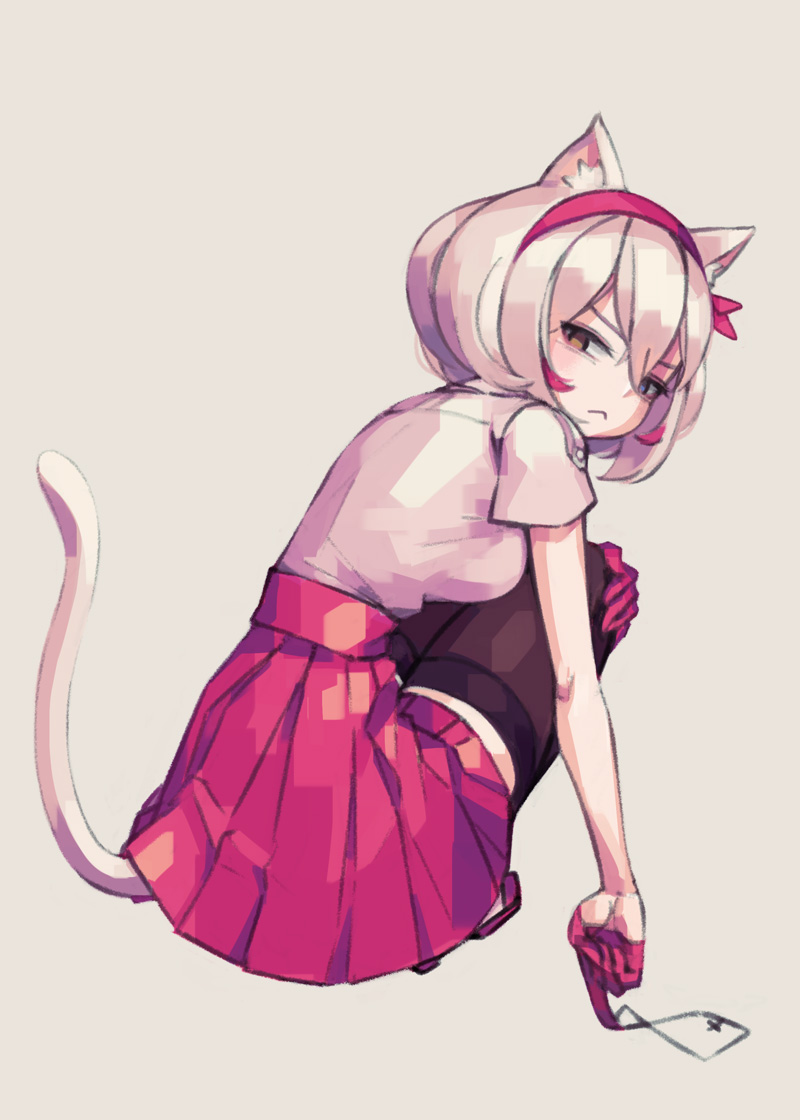 1girl :&lt; allen_(makaroll) animal_ears back bangs full_body hair_between_eyes hairband looking_at_viewer looking_back original scowl short_hair sitting skirt squatting tail thigh-highs white_hair