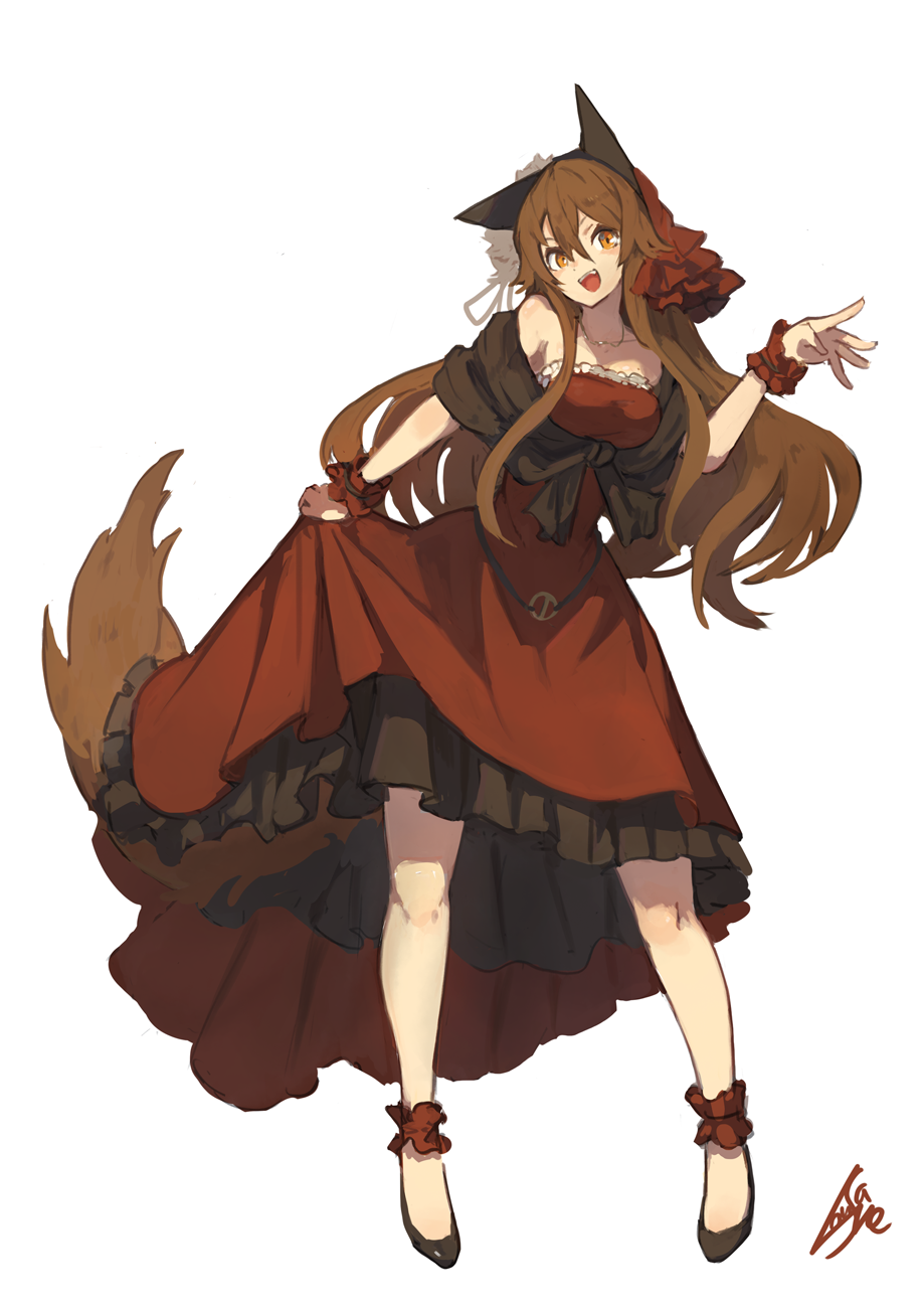 1girl :d animal_ears ankleband bare_shoulders black_footwear breasts brown_hair dress dress_lift full_body hair_between_eyes hair_ornament hand_up high_heels highres jewelry lansane long_hair looking_at_viewer medium_breasts necklace open_mouth orange_eyes original red_dress signature simple_background smile solo standing tail tsana_(lansane) white_background wolf_ears wolf_tail