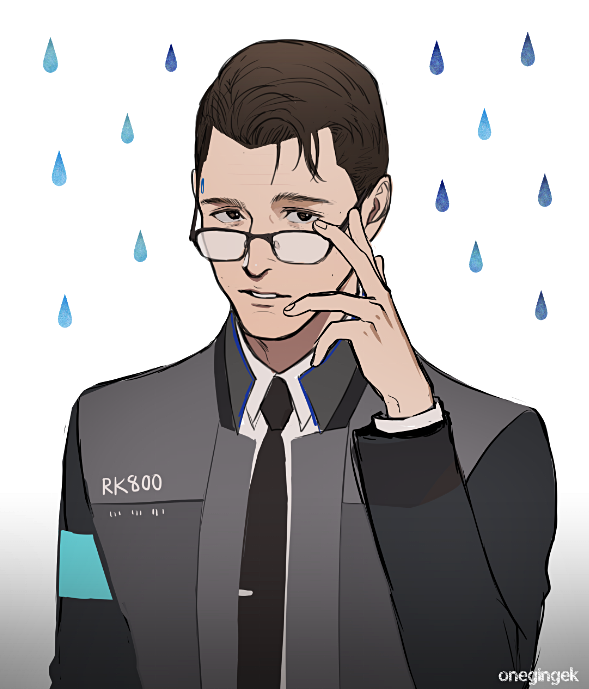 1boy black-framed_eyewear black_eyes black_jacket brown_hair commentary_request connor_(detroit) detroit:_become_human gradient gradient_background hand_up jacket kanapy long_sleeves looking_at_viewer male_focus parted_lips rain signature solo water_drop white_background