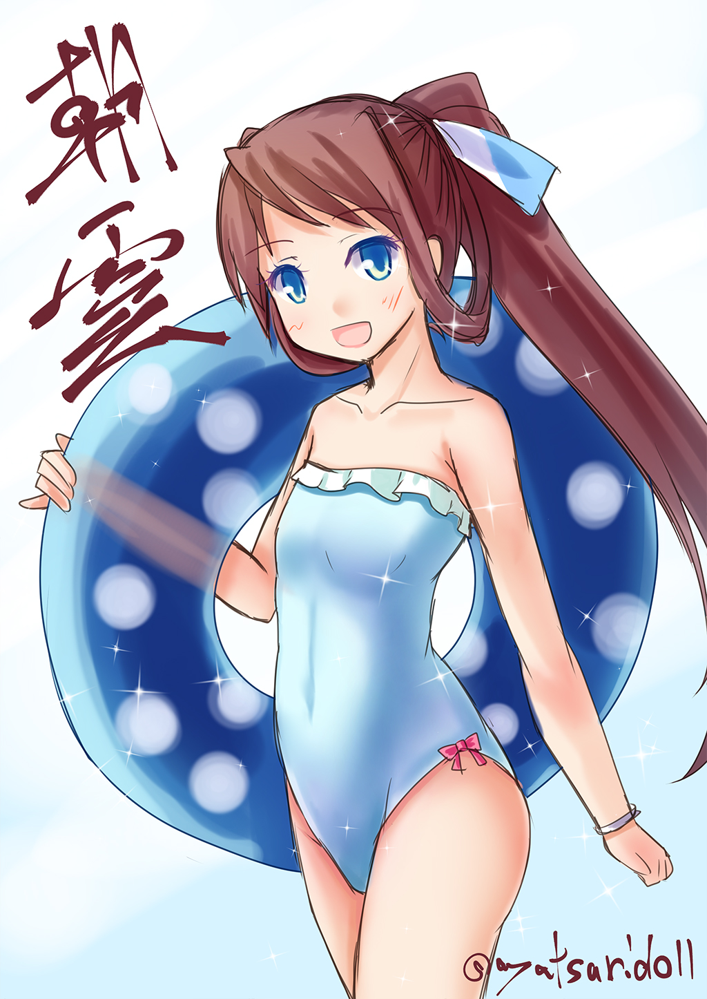 1girl aqua_swimsuit asagumo_(kantai_collection) ayatsuri-doll bare_shoulders blue_eyes brown_hair casual_one-piece_swimsuit hair_ribbon highres kantai_collection long_hair one-piece_swimsuit open_mouth polka_dot_innertube ribbon smile solo standing strapless strapless_swimsuit swimsuit twintails twitter_username