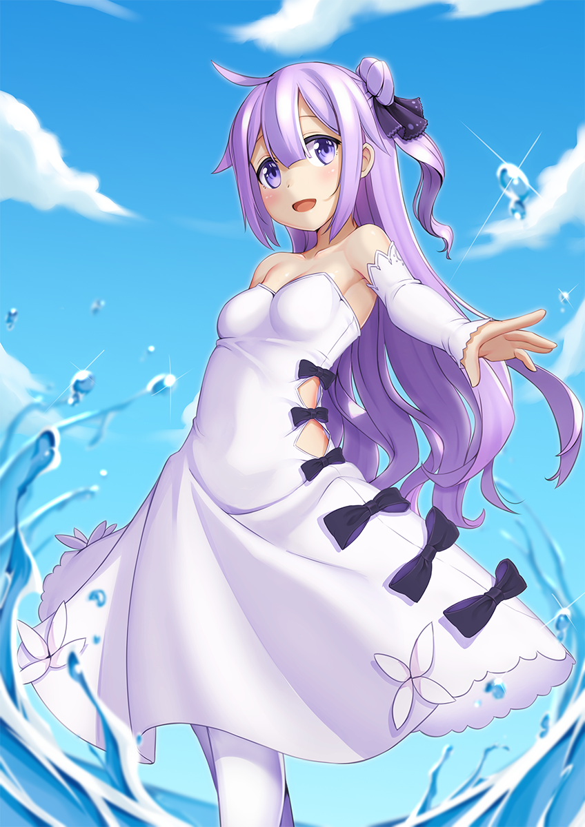 1girl :d azur_lane bare_shoulders black_bow blush bow breasts clouds day detached_sleeves dress eyebrows_visible_through_hair hair_between_eyes head_tilt highres kuro_emimi long_hair one_side_up open_mouth outdoors purple_hair sky sleeves_past_wrists small_breasts smile solo sparkle standing unicorn_(azur_lane) very_long_hair water water_drop white_dress white_legwear
