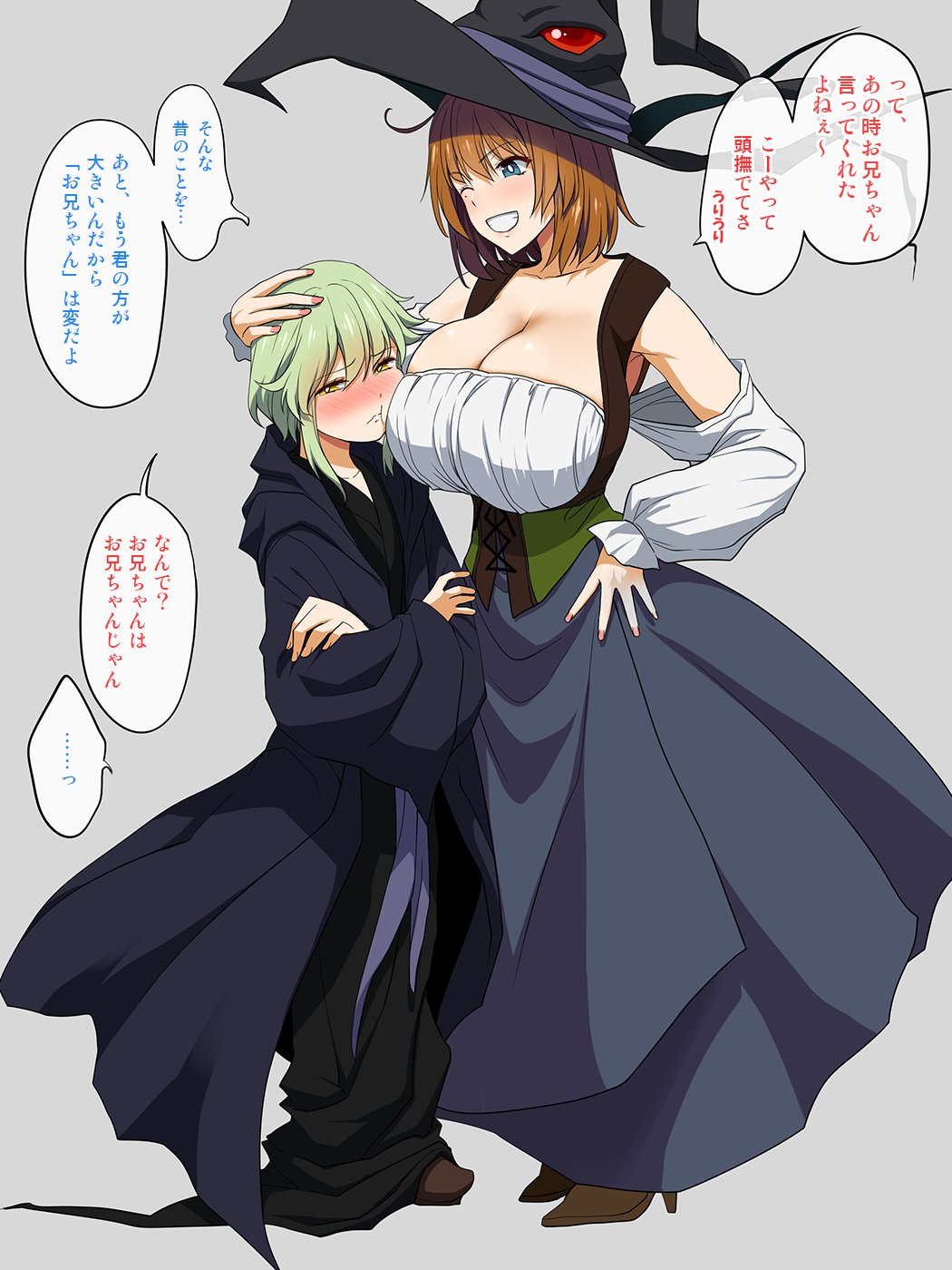 1boy 1girl ahoge blue_eyes blush breasts brown_hair cleavage crossed_arms detached_wings green_hair grin hand_on_another's_head hand_on_hip hat height_difference high_heels highres huge_breasts kloah one_eye_closed original robe smile translation_request underbust wide_sleeves wings wizard_hat yellow_eyes