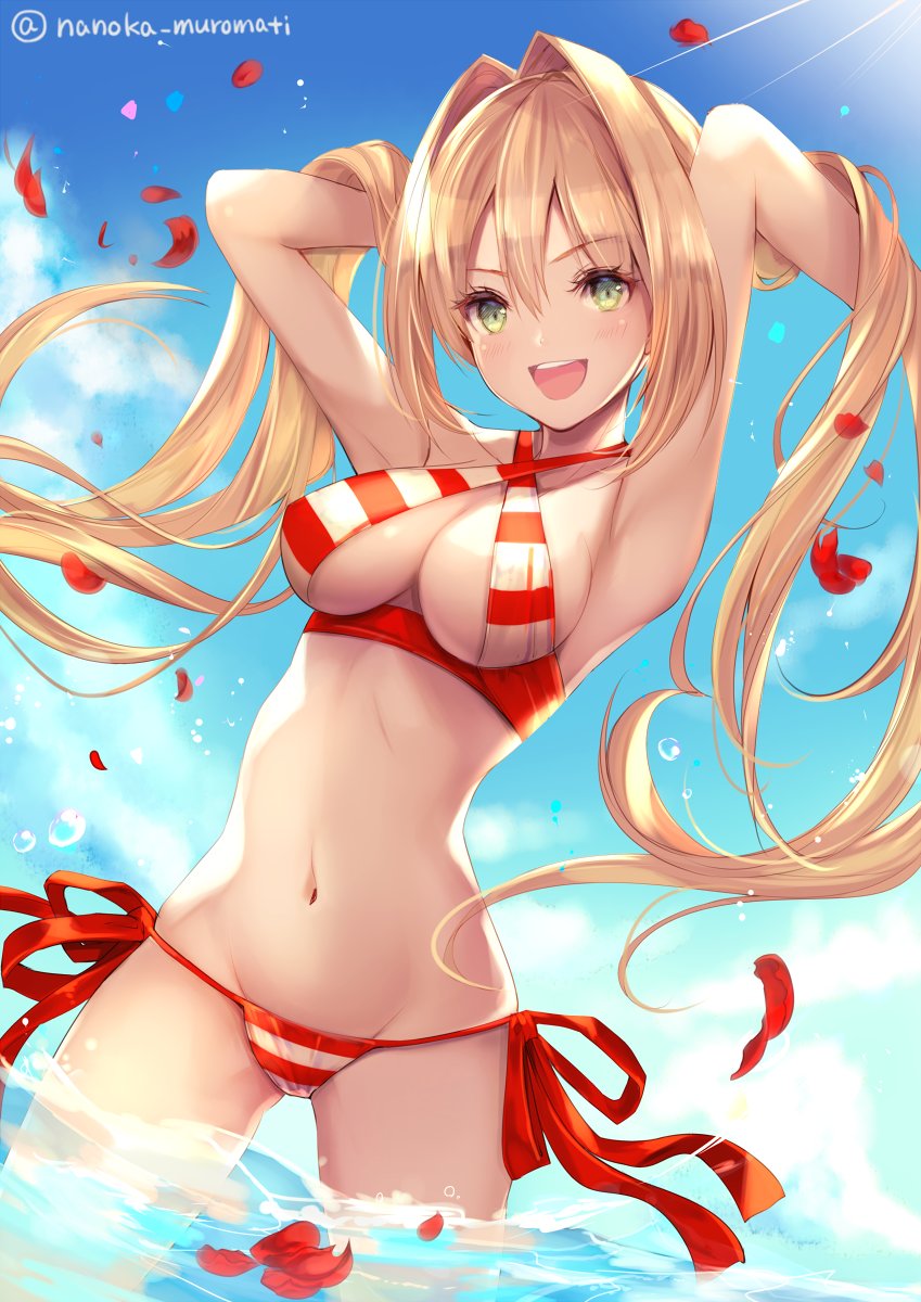 1girl aoi_(kirabosi105) armpits bikini blonde_hair breasts clouds criss-cross_halter fate/grand_order fate_(series) green_eyes groin hair_intakes halterneck highres large_breasts navel nero_claudius_(fate)_(all) nero_claudius_(swimsuit_caster)_(fate) open_mouth partially_submerged petals red_bikini side-tie_bikini sky solo striped striped_bikini swimsuit twintails twitter_username water