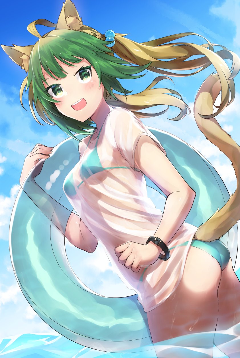 1girl ahoge animal_ears aqua_bikini ass atalanta_(fate) bikini blonde_hair blush breasts cat_ears cat_tail cleavage fate/apocrypha fate/grand_order fate_(series) green_eyes green_hair highres innertube looking_at_viewer multicolored_hair ocean small_breasts smile solo swimsuit swimsuit_under_clothes tail tanaka_arumi wading water
