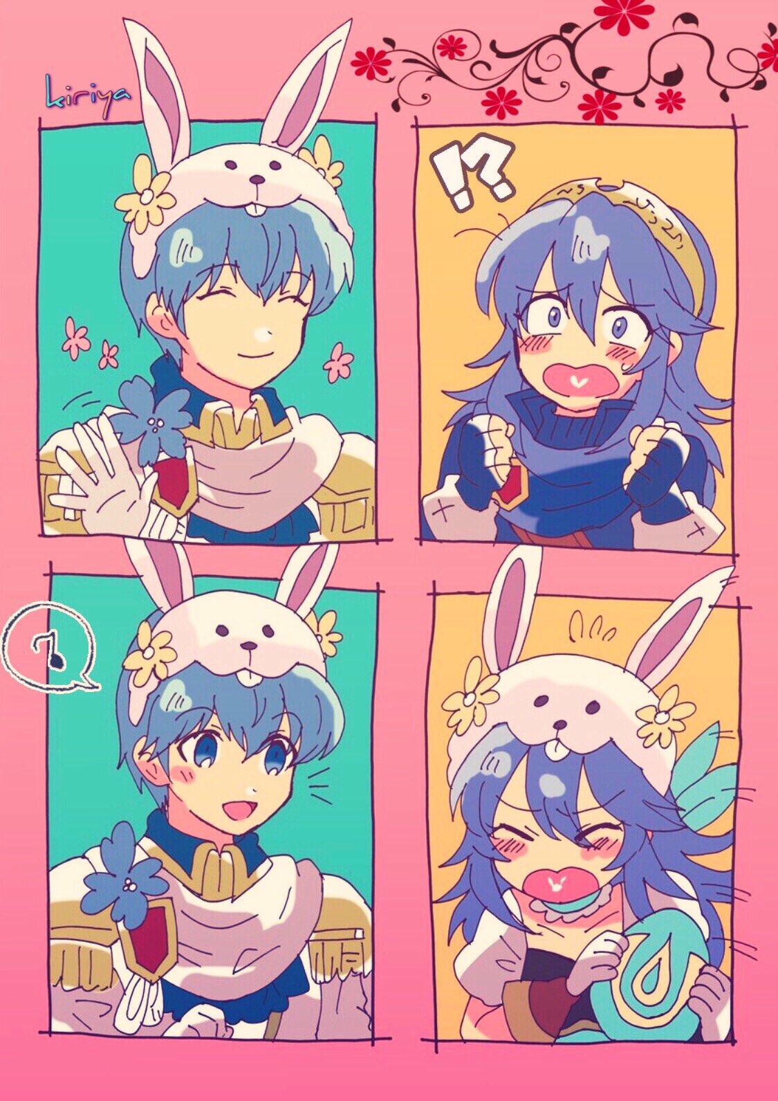 1boy 1girl animal_ears blue_eyes blue_hair blush bow bowtie bunny_girl bunny_tail bunnysuit chibi detached_collar fake_animal_ears fire_emblem fire_emblem:_kakusei fire_emblem:_mystery_of_the_emblem formal gloves groom highres kiriya_(552260) long_hair lucina marth rabbit_ears short_hair smile suit tail tiara