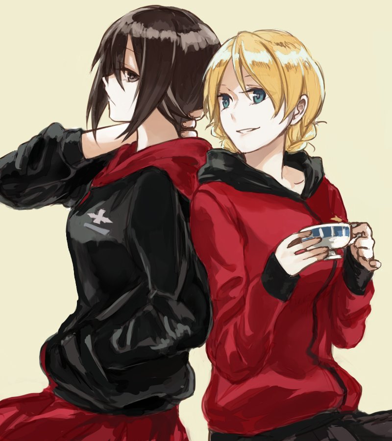 2girls back-to-back bangs beige_background black_jacket black_skirt blonde_hair blue_eyes braid brown_eyes brown_hair closed_mouth commentary cup darjeeling emblem from_side frown girls_und_panzer hand_in_pocket hand_on_neck holding holding_cup hood hoodie jacket long_sleeves looking_at_another looking_back multiple_girls nishizumi_maho parted_lips red_jacket red_skirt short_hair simple_background skirt smile standing teacup tied_hair twin_braids upper_body yuuyu_(777) zipper