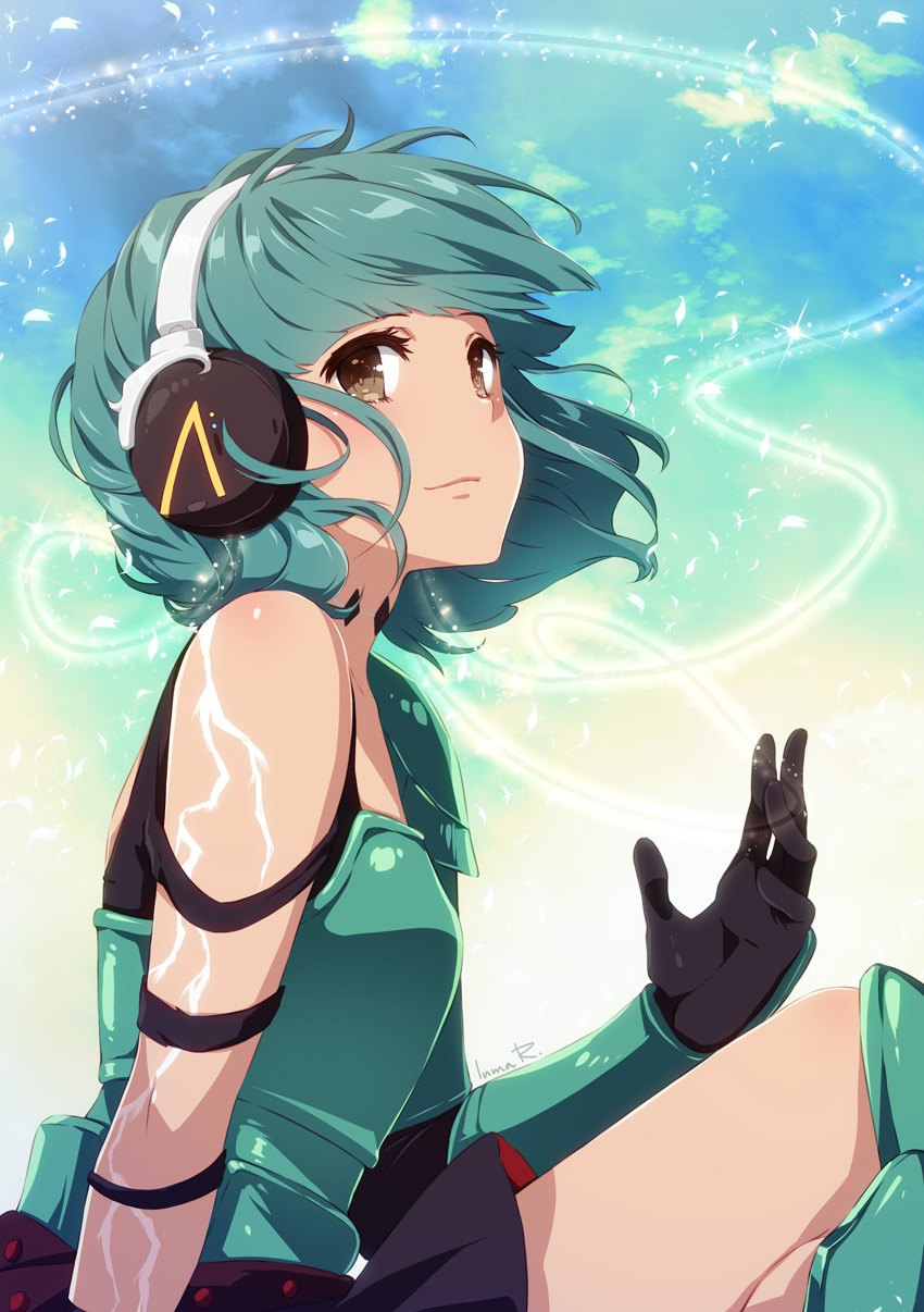 1girl aqua_hair armor bangs bare_shoulders blue_hair brown_hair commission gloves green_hair headphones highres inma looking_up original short_hair sitting skirt sky tan upper_body