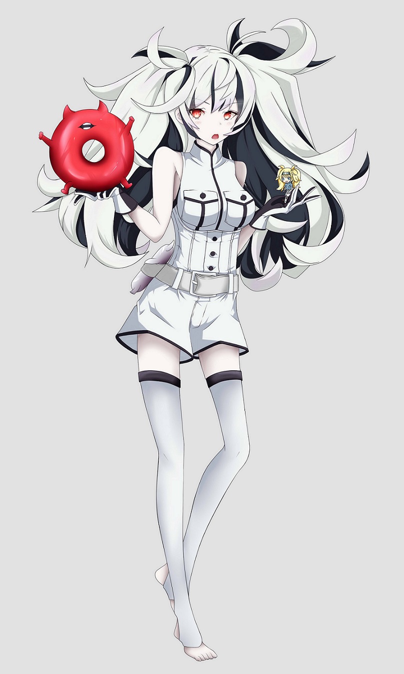 1girl 2girls black_hair blonde_hair blue_eyes blue_shirt breast_pocket breasts chibi dress enemy_lifebuoy_(kantai_collection) escort_water_hime full_body gambier_bay_(kantai_collection) grey_background hairband highres holding_another kantai_collection large_breasts long_hair looking_at_another multicolored_hair multiple_girls no_shoes pocket red_eyes remimiku shinkaisei-kan shirt simple_background sleeveless sleeveless_dress solo thigh-highs twintails two-tone_hair white_dress white_hair white_legwear