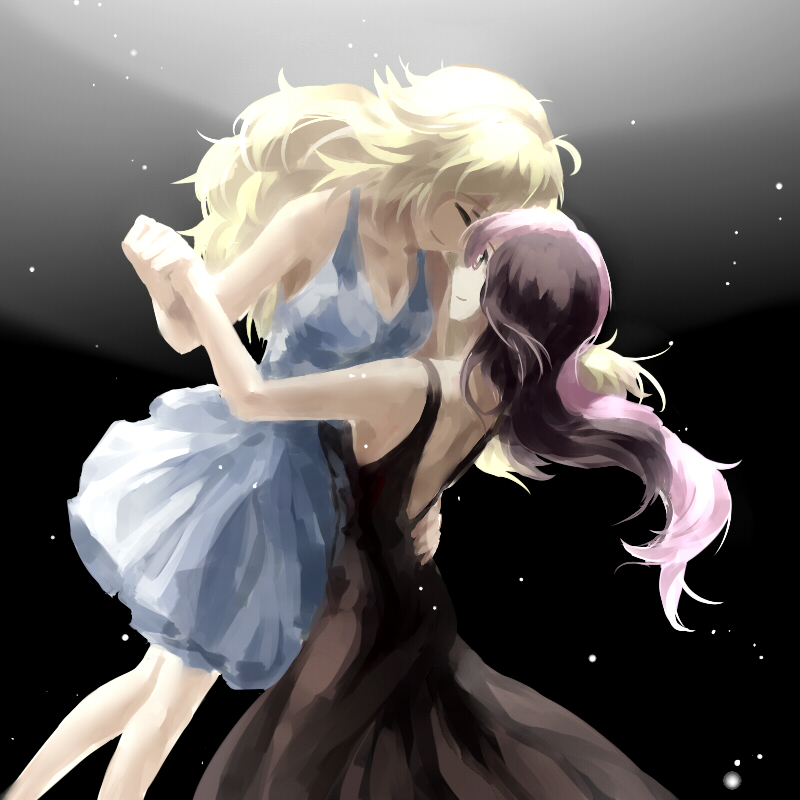 black_background black_dress blonde_hair blue_dress brown_hair closed_eyes dancing dress hand_holding neo_(rwby) pink_hair rwby tl yang_xiao_long yuri