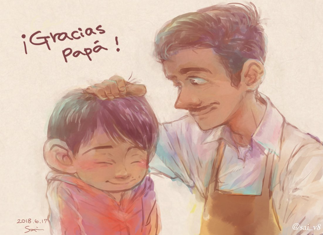 2boys black_hair brown_eyes closed_eyes coco_(disney) dark_skin dark_skinned_male disney enrique_rivera facial_hair father's_day father_and_son hood miguel_rivera multiple_boys mustache petting short_hair smile