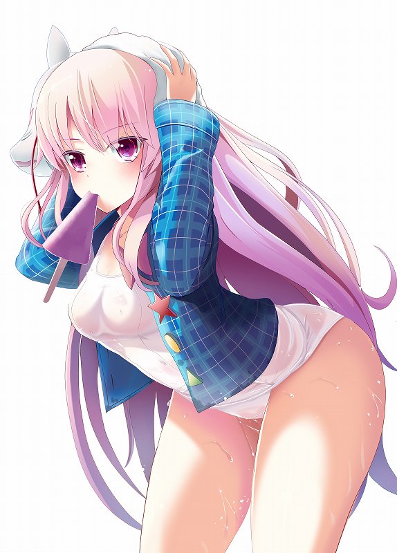 1girl amisu ass bent_over blue_shirt blush breasts checkered checkered_shirt cleavage commentary_request cowboy_shot food food_in_mouth fox_mask hands_on_own_head hata_no_kokoro long_hair long_sleeves looking_at_viewer mask mask_on_head medium_breasts mouth_hold one-piece_swimsuit open_clothes open_shirt pink_eyes pink_hair popsicle shirt simple_background solo swimsuit thighs touhou towel towel_on_head very_long_hair wet wet_clothes wet_swimsuit white_background white_swimsuit