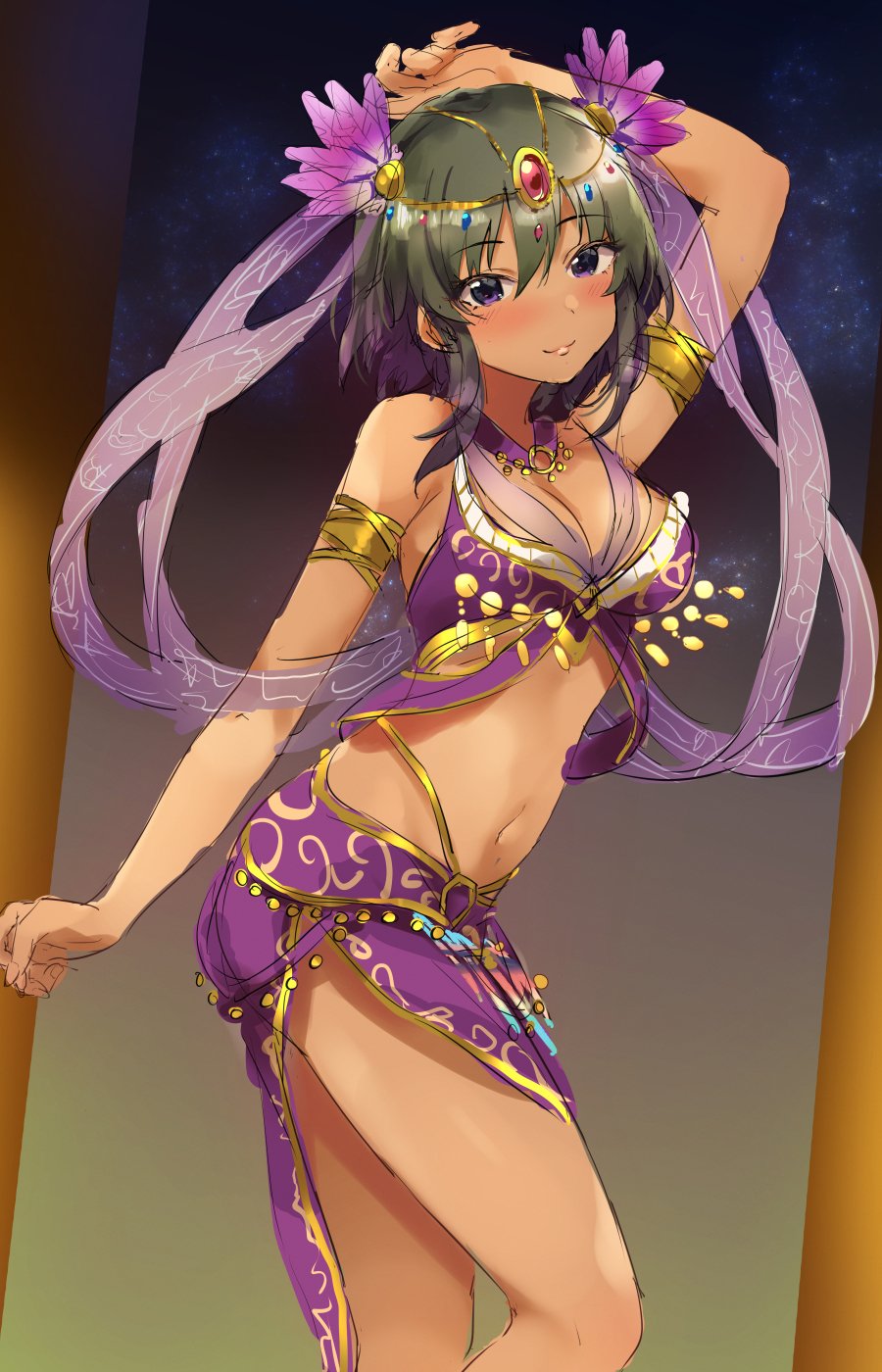 1girl arm_up black_hair blush breasts bvucki36gzoeq1c character_request cleavage closed_mouth copyright_request dark_skin eyebrows_visible_through_hair highres idolmaster large_breasts looking_at_viewer multicolored_hair navel purple_hair short_hair sketch smile solo two-tone_hair violet_eyes