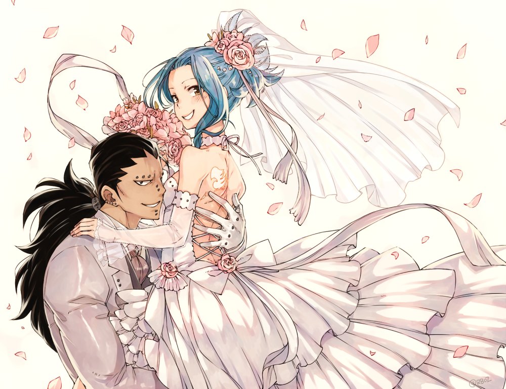 1boy 1girl blue_hair bouquet brown_eyes detached_sleeves dress ear_piercing fairy_tail flower formal gajeel_redfox grey_jacket grin hair_flower hair_ornament hand_on_another's_back hand_on_another's_shoulder holding holding_bouquet holding_person jacket layered_dress levy_mcgarden long_hair looking_at_viewer nail_polish nose_piercing petals piercing pink_flower pink_nails pink_rose ponytail ribbon rose rusky see-through signature simple_background sleeveless sleeveless_dress smile wedding_dress white_background white_ribbon