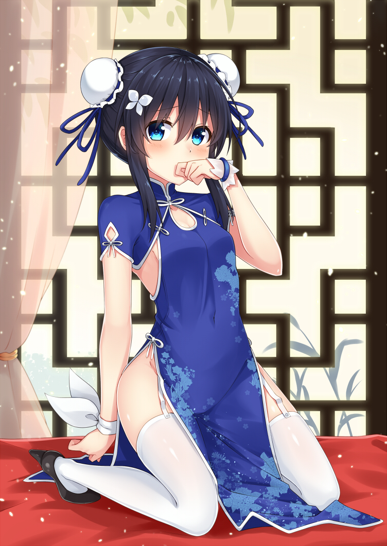 1girl black_hair blue_eyes blush bow breasts butterfly_hair_ornament china_dress chinese_clothes cleavage cleavage_cutout double_bun dress eyebrows_visible_through_hair garter_straps hair_bow hair_ornament kneeling komori_kuzuyu looking_at_viewer medium_breasts original rivier_(kuzuyu) short_hair_with_long_locks side_slit solo thigh-highs white_legwear wrist_cuffs