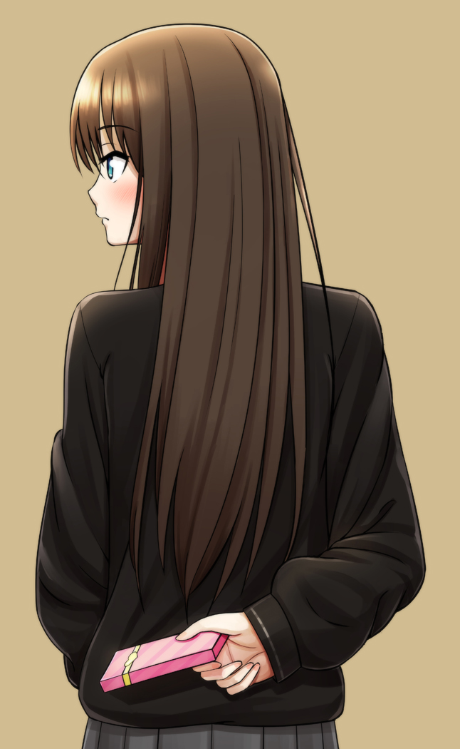 1girl arm_behind_back black_cardigan black_hair blue_eyes blush box brown_background cardigan commentary_request easy_(aqk7bdqt) gift gift_box grey_skirt holding holding_gift idolmaster idolmaster_cinderella_girls long_hair pleated_skirt profile school_uniform shibuya_rin simple_background skirt solo valentine