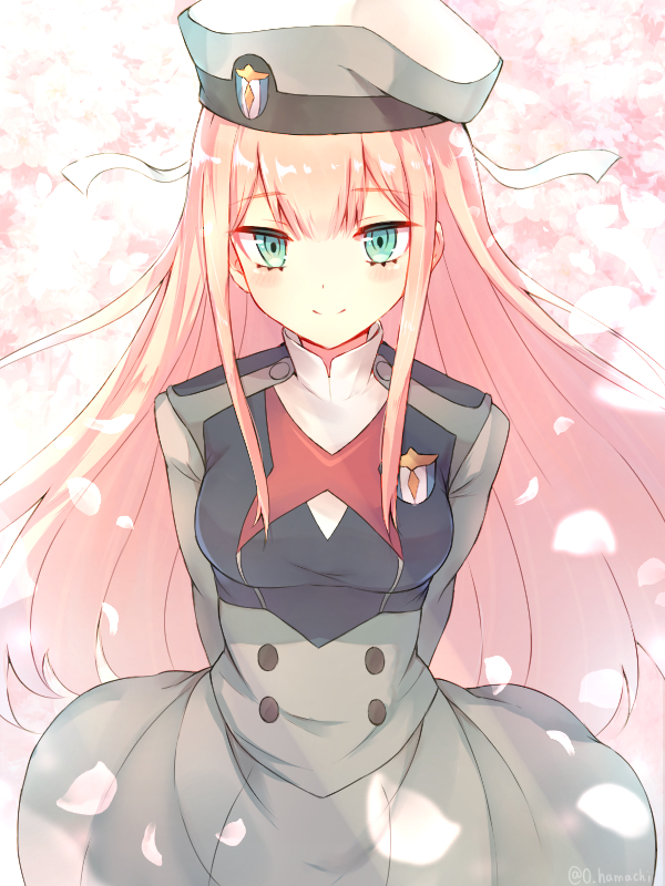 1girl aqua_eyes arm_behind_back beret cherry_blossoms closed_mouth commentary_request darling_in_the_franxx eyebrows_visible_through_hair hat long_hair looking_at_viewer o_hamachi petals pink_hair ribbon smile solo twitter_username uniform white_beret white_hat white_ribbon zero_two_(darling_in_the_franxx)