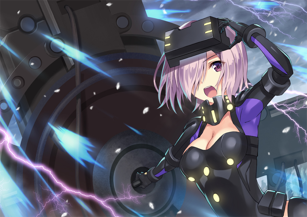 1girl breasts cleavage eyebrows_visible_through_hair fate/grand_order fate_(series) gia_kon hair_over_one_eye holding_shield looking_at_viewer mash_kyrielight medium_breasts open_mouth ortenaus pink_hair pixiv_fate/grand_order_contest_2 shield short_hair solo violet_eyes