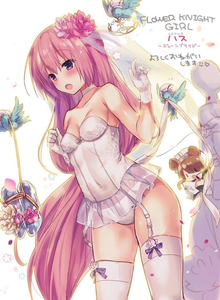 1girl :o bare_shoulders bird blush bustier character_name choker cinderella copyright_name covered_navel cowboy_shot crown flower flower_knight_girl glass_slipper gloves hair_flower hair_ornament hasu_(flower_knight_girl) long_hair mannequin morinaga_kobato mouse open_mouth panties parody pink_hair simple_background solo thigh-highs thigh_strap underwear veil violet_eyes white_background white_gloves white_legwear white_neckwear white_panties