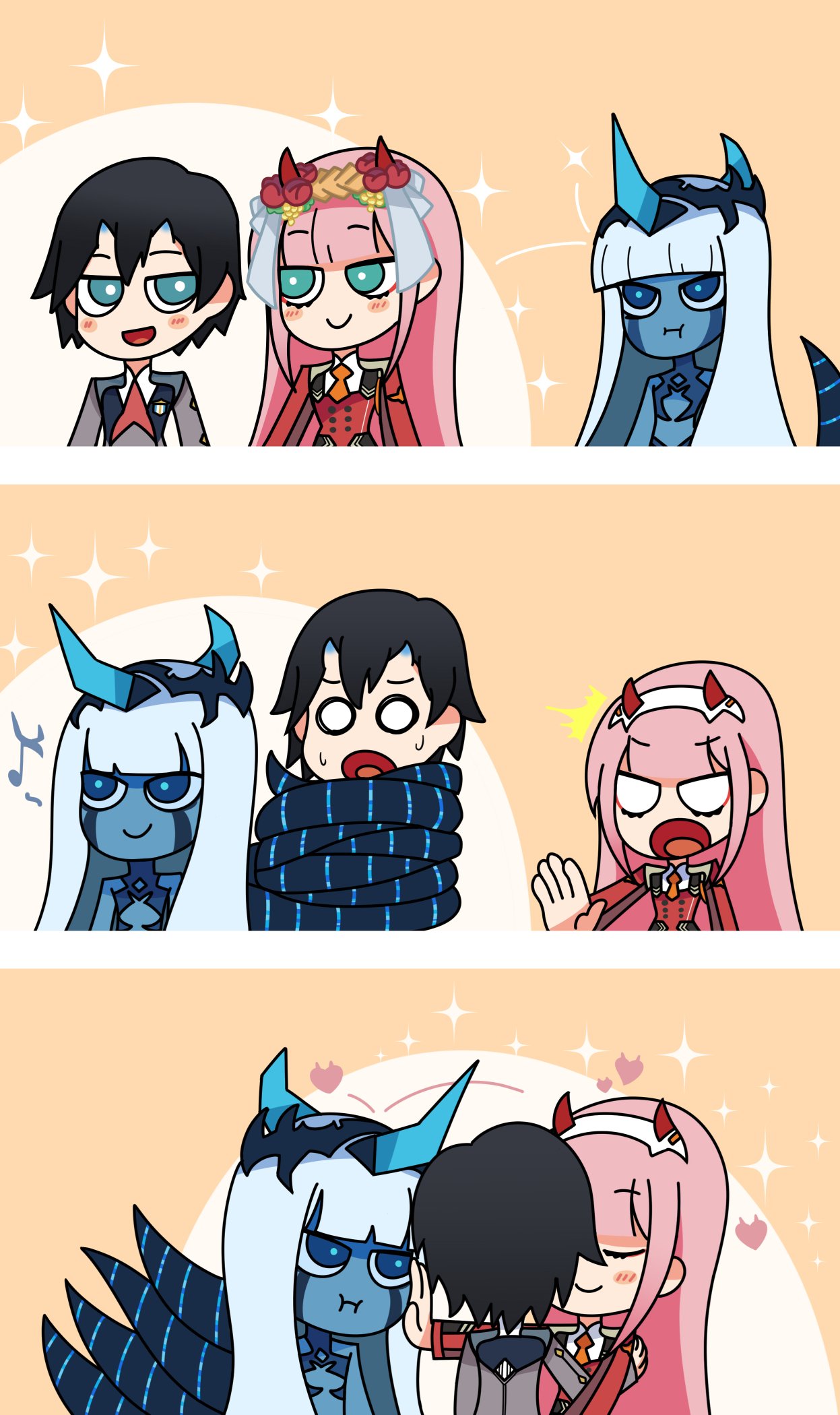 /\/\/\ 001_(darling_in_the_franxx) 1boy 2girls 3koma :t bangs black_hair blank_eyes blue_eyes blue_horns blue_skin blush_stickers closed_eyes comic commentary commentary_request couple darling_in_the_franxx eyebrows_visible_through_hair facial_scar flower fringe green_eyes hair_flower hair_ornament hairband hand_on_another's_face hand_on_another's_shoulder heart heater hetero highres hiro_(darling_in_the_franxx) horns hug jealous light_blue_hair long_hair long_sleeves looking_at_another mato_(mozu_hayanie)_(style) military military_uniform multiple_girls musical_note necktie netorare oni_horns orange_neckwear parody pink_hair pout red_horns red_neckwear scar short_hair silent_comic spoilers spoken_musical_note style_parody sweat tentacle uniform user_cvct8874 white_hairband zero_two_(darling_in_the_franxx)