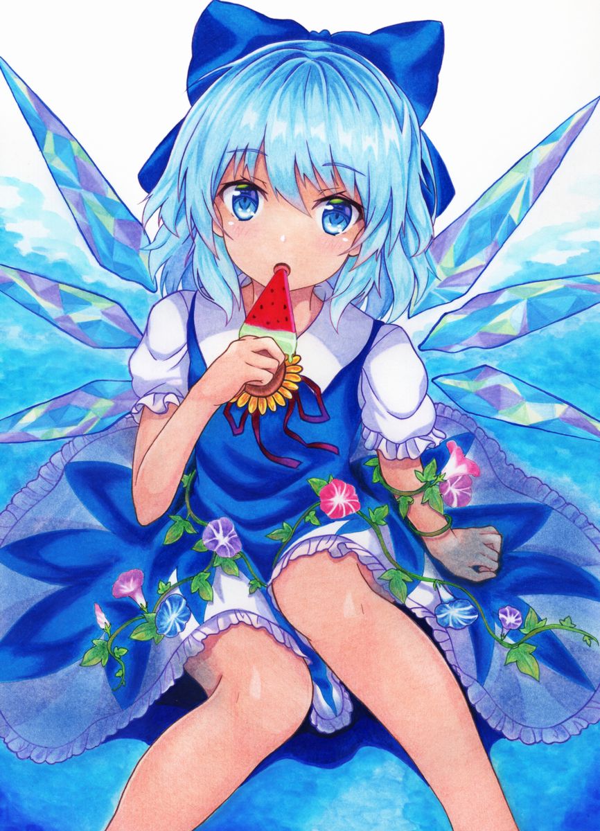 1girl :o arm_up bangs blue_background blue_bow blue_dress blue_hair bow cirno commentary_request dress eating eyebrows_visible_through_hair flower food hair_between_eyes hair_bow head_tilt highres kittona looking_at_viewer millipen_(medium) morning_glory on_ground outstretched_leg pinafore_dress popsicle puffy_short_sleeves puffy_sleeves red_ribbon ribbon short_hair short_sleeves sitting solo sunflower tanned_cirno touhou traditional_media undershirt watercolor_(medium) watercolor_pencil_(medium) watermelon_bar wings
