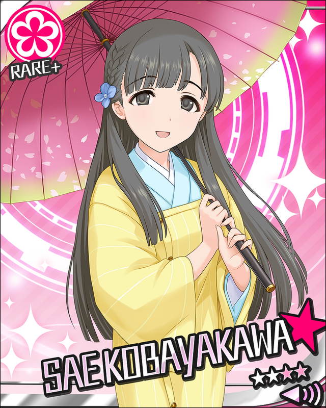 blush character_name grey_eyes grey_hair idolmaster idolmaster_cinderella_girls kimono kobayakawa_sae long_hair parasol smile stars