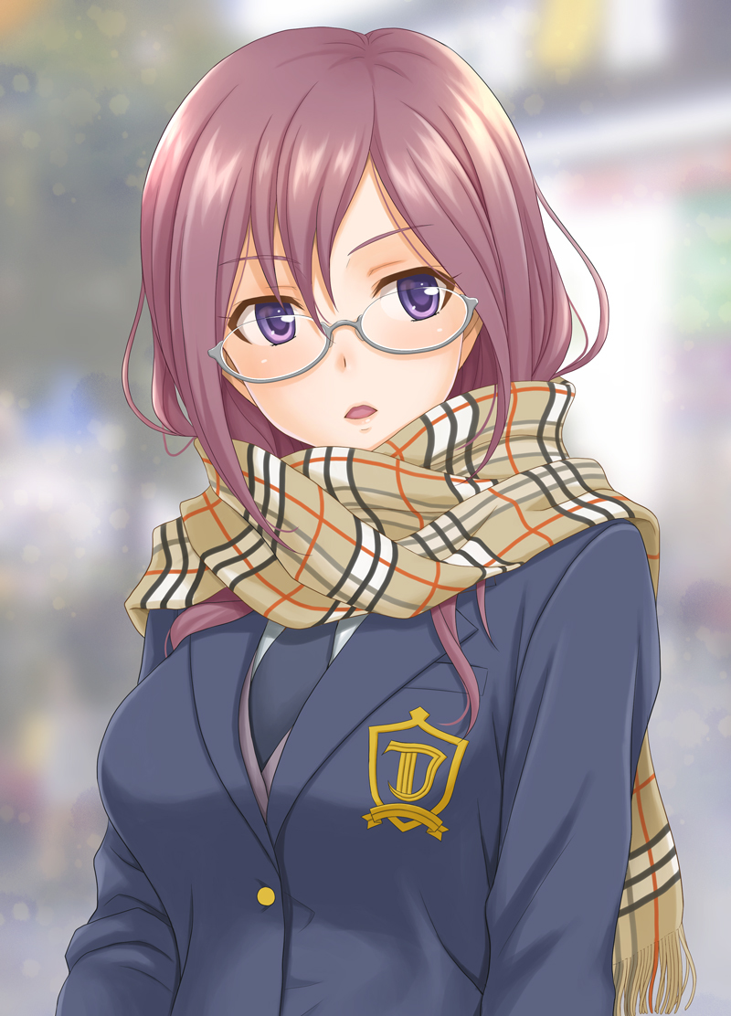 1girl blazer glasses hida_tatsuo idolmaster idolmaster_cinderella_girls jacket long_hair necktie open_mouth plaid plaid_scarf purple_hair scarf school_uniform solo vest violet_eyes yagami_makino