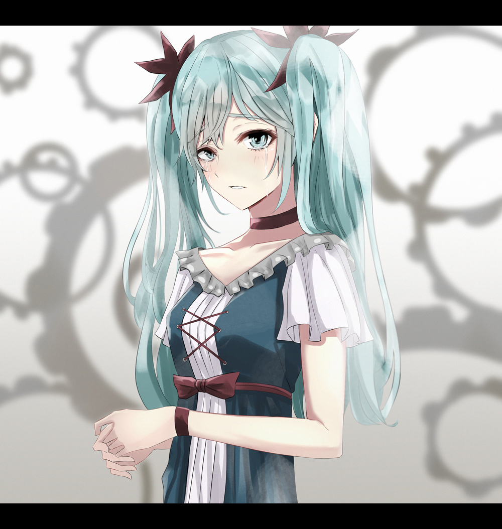 1girl blue_eyes blue_hair blush choker collarbone crying crying_with_eyes_open eyebrows_visible_through_hair hair_ornament hatsune_miku ka1se1 karakuri_pierrot_(vocaloid) looking_at_viewer parted_lips purple_ribbon ribbon short_sleeves solo tears twintails upper_body vocaloid wrist_ribbon