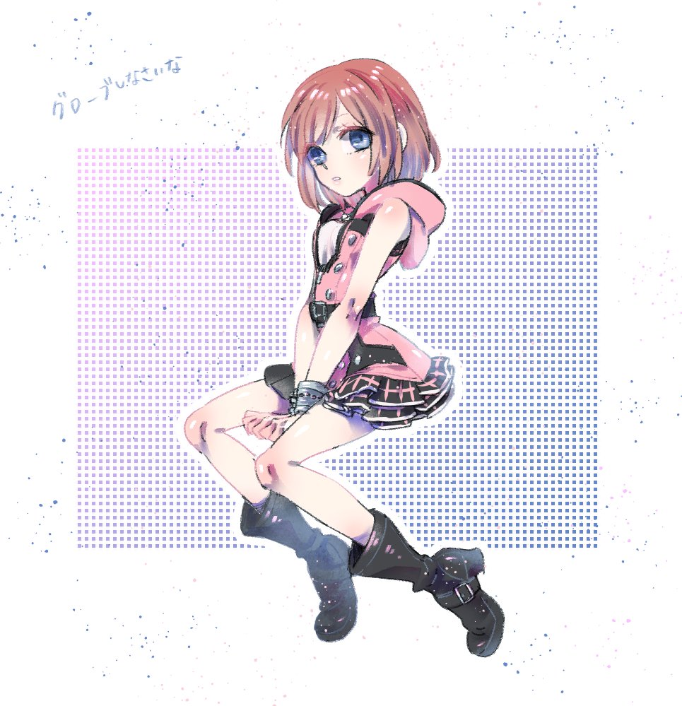 1girl asymmetrical_clothes bangs bare_shoulders belt belt_buckle between_legs black_belt black_footwear blue_eyes boots bracelet brown_hair buckle buttons dress full_body hand_between_legs high_heel_boots high_heels hood jewelry kairi_(kingdom_hearts) kingdom_hearts kingdom_hearts_iii kouki_(ko_ki_9) outline pink_dress pleated_dress short_dress short_hair sitting sleeveless sleeveless_dress solo swept_bangs v_arms white_outline