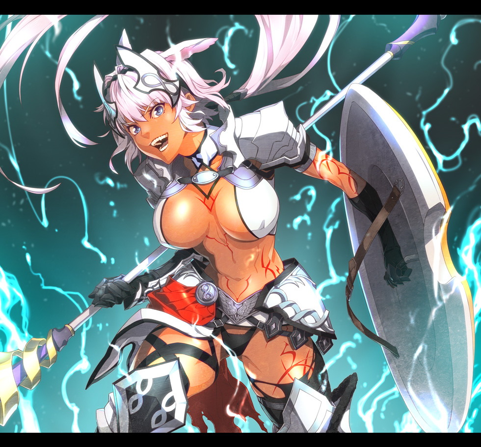 1girl :d animal_ears armor black_gloves black_legwear blue_eyes breasts cleavage dark_skin erect_nipples fate/grand_order fate_(series) gauntlets gloves holding holding_shield holding_spear holding_weapon lancer_(lostbelt) long_hair looking_at_viewer navel open_mouth polearm ponytail revealing_clothes sami_(object_dump) shield smile solo spear tattoo teeth thigh-highs very_long_hair weapon white_hair
