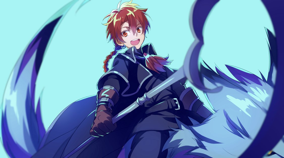 1boy alexander_(fate/grand_order) armor belt black_capelet blue_background braid brown_gloves capelet cis05 cosplay fate/grand_order fate_(series) gauntlets gloves hair_between_eyes hessian_(fate/grand_order) hessian_(fate/grand_order)_(cosplay) holding holding_weapon lobo_(fate/grand_order) long_hair long_sleeves looking_at_viewer male_focus on_animal open_mouth orange_eyes orange_hair riding_crop single_braid sitting teeth weapon wolf