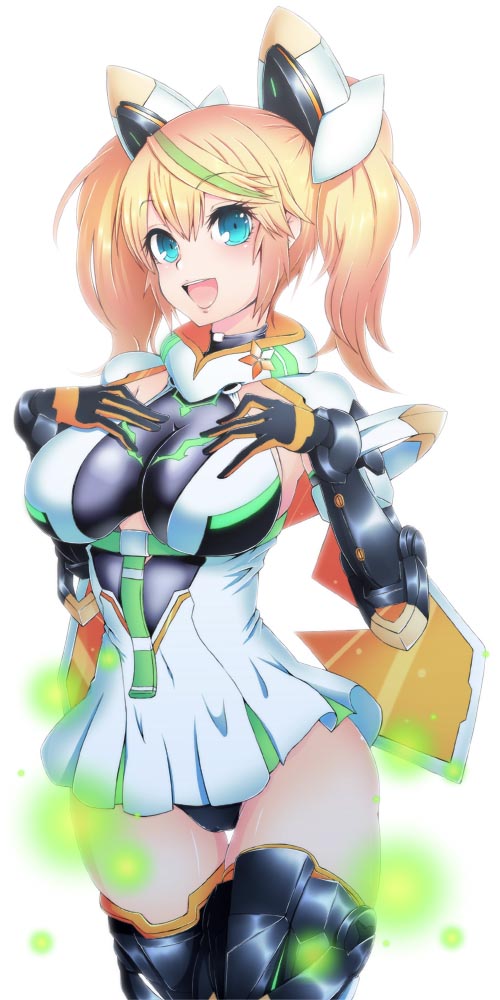 blonde_hair blue_eyes blush breasts commentary_request cowboy_shot gene_(pso2) large_breasts looking_at_viewer multicolored_hair open_mouth phantasy_star phantasy_star_online_2 semikichi smile solo streaked_hair tagme thigh-highs twintails two-tone_hair white_background zettai_ryouiki