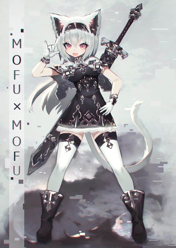 1girl animal_ears boots cat_ears cat_girl cat_tail copyright_request dress gloves headband mamuru red_eyes silver_hair sword tail thigh-highs weapon