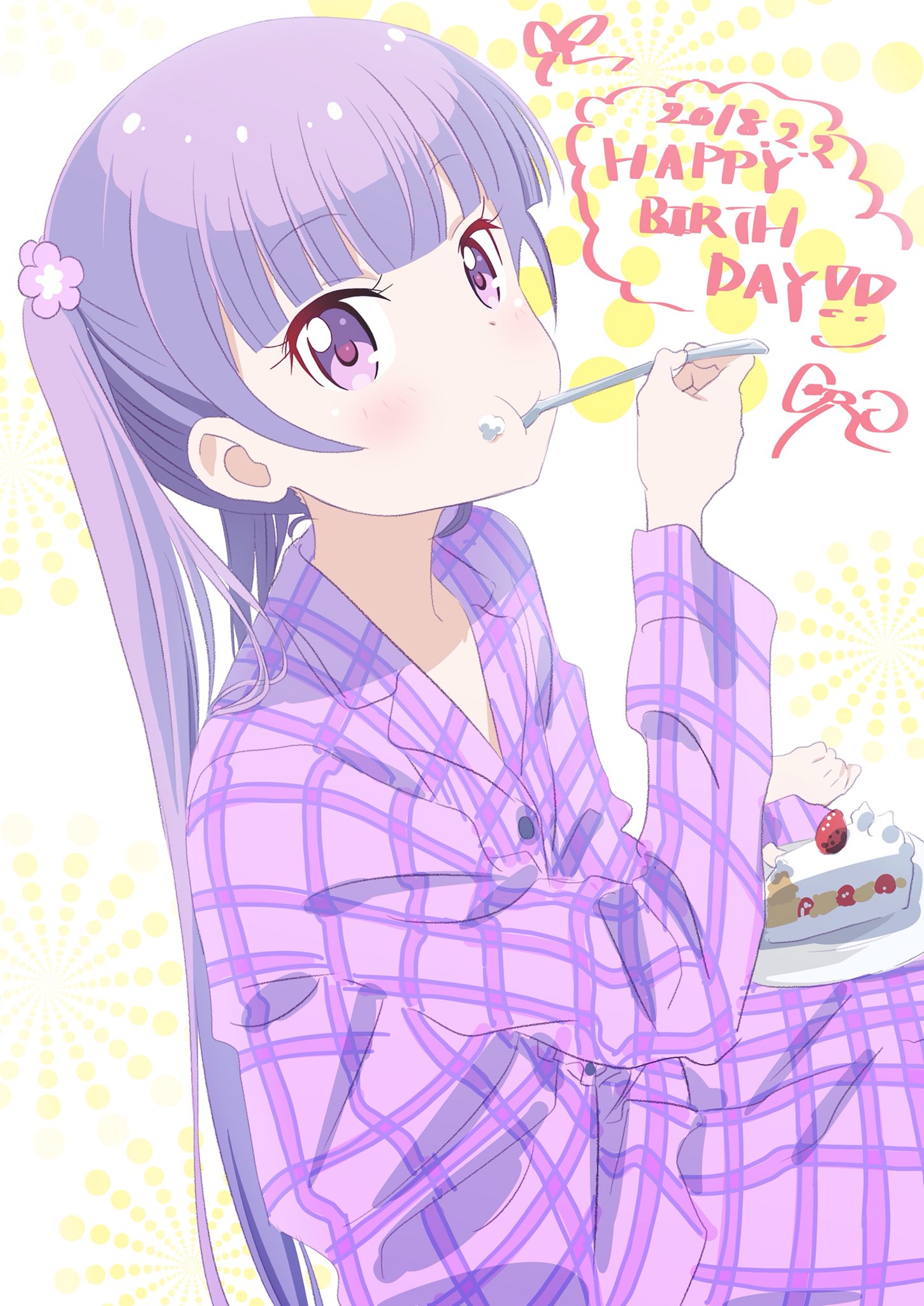 1girl bangs blunt_bangs blush commentary_request dated eating flower food food_on_face fruit hair_flower hair_ornament happy highres holding long_sleeves new_game! pajamas pink_flower pink_x purple_hair solo strawberry strawberry_shortcake suzukaze_aoba twintails violet_eyes