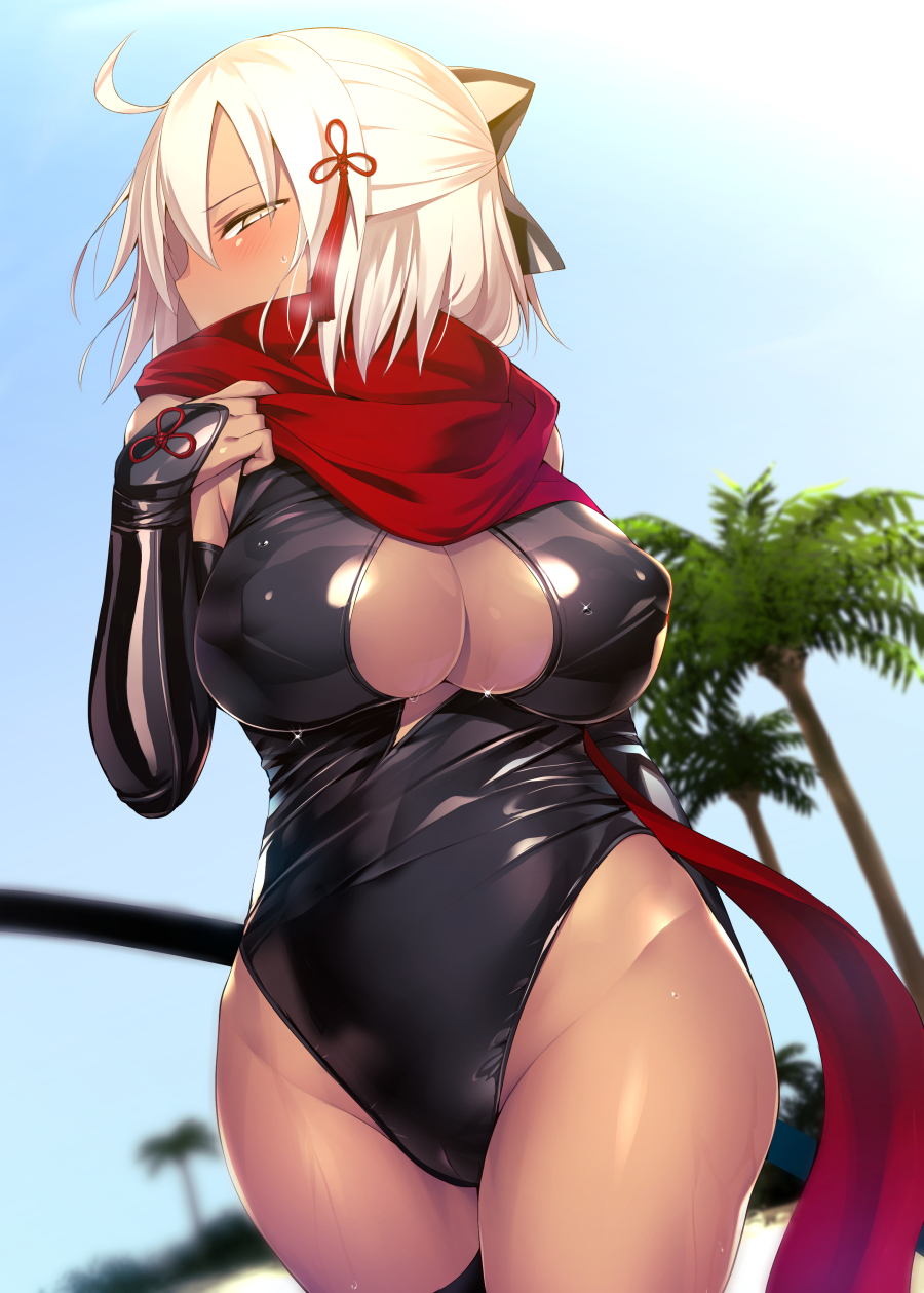 1girl ahoge black_legwear blue_sky blush breasts breath bridal_gauntlets cleavage cleavage_cutout commentary_request cowboy_shot dark_skin day fate/grand_order fate_(series) hair_ornament half-closed_eyes half_updo highres leotard looking_at_viewer okita_souji_(fate) okita_souji_alter_(fate) outdoors palm_tree profile red_scarf satou_kuuki scarf shiny shiny_clothes short_hair single_thighhigh sky solo sweat tassel thigh-highs tree white_hair yellow_eyes