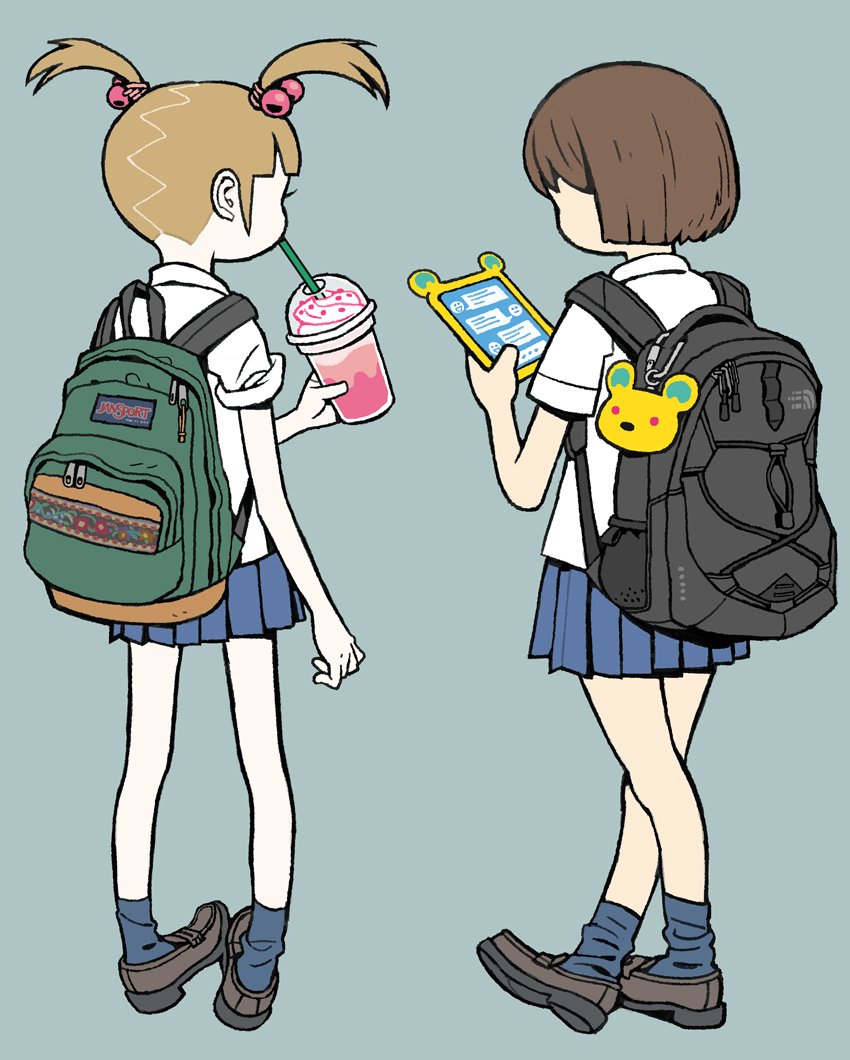 2girls backpack bag bag_charm bangs blonde_hair blunt_bangs brown_hair cellphone charm_(object) collared_shirt cup drinking drinking_glass drinking_straw eyelashes facing_away holding holding_drinking_glass legs_crossed multiple_girls original phone pigeon-toed pleated_skirt product_placement shirimoto shirt short_hair simple_background skirt sleeves_rolled_up socks sprinkles texting twintails whipped_cream