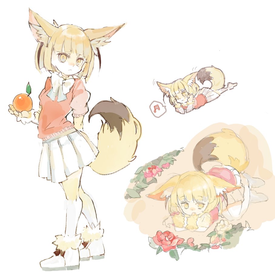 1girl animal_ears blonde_hair bow bowtie commentary_request elbow_gloves fennec_(kemono_friends) flower food fox_ears fox_tail fruit full_body fur_collar fur_trim gloves kemono_friends konabetate lying musical_note on_stomach orange pleated_skirt puffy_short_sleeves puffy_sleeves short_hair short_sleeves skirt solo standing tail thigh-highs