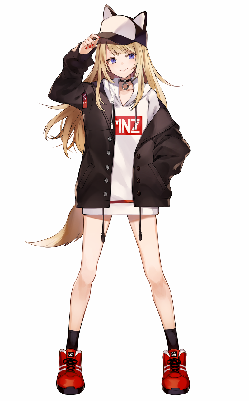 &gt;:) 1girl animal_hat bare_legs baseball_cap black_jacket blonde_hair blue_eyes collar dog_hat dog_tail full_body hand_in_pocket hat hat_tip hat_with_ears highres hood hood_down hoodie jacket kmnz_lita long_hair long_sleeves mc_lita nail_polish no_pants off_shoulder open_clothes open_jacket red_footwear red_nails shugao smile tail virtual_youtuber white_background white_hoodie