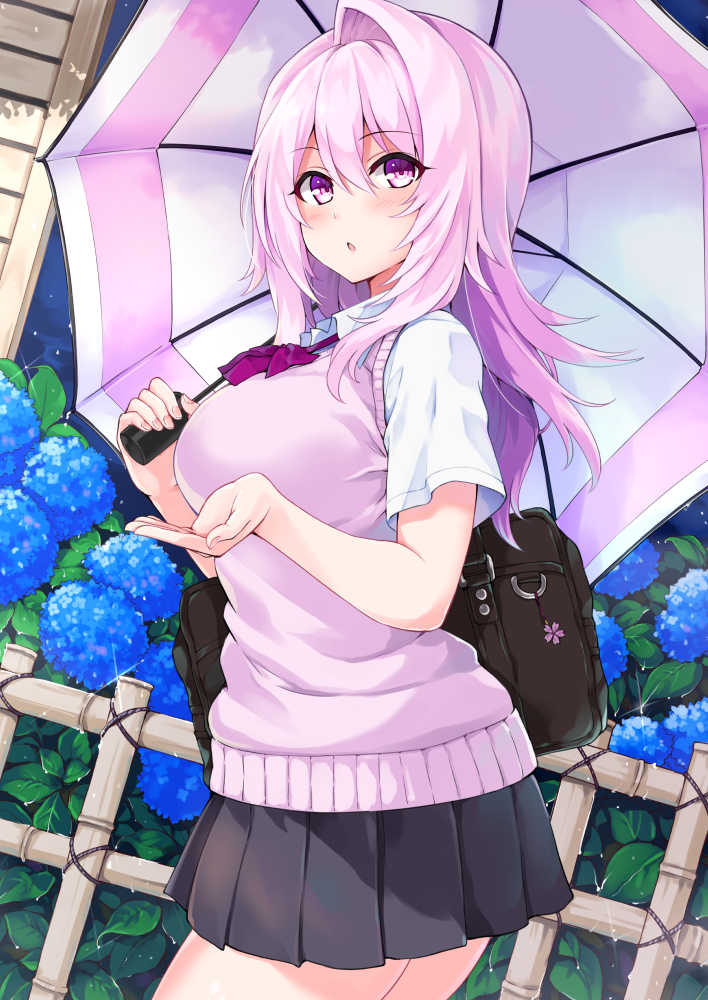 1girl blush breasts cu-no eyebrows_visible_through_hair flower hisenkaede large_breasts long_hair looking_at_viewer outdoors pink_hair pleated_skirt rain school_uniform skirt solo standing sweater_vest umbrella violet_eyes yayoi_sakura