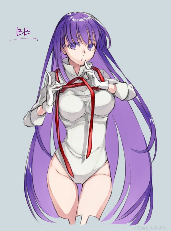 1girl bangs bb_(fate/extra_ccc) character_name commentary_request covered_navel cowboy_shot cropped_legs fate/extra fate/extra_ccc fate/grand_order fate_(series) finger_to_mouth gloves high_collar leotard long_hair long_sleeves looking_at_viewer neck_ribbon parted_lips purple_hair red_neckwear ribbon shushing simple_background solo standing thigh-highs thigh_gap toshio twitter_username untied violet_eyes white_gloves white_leotard