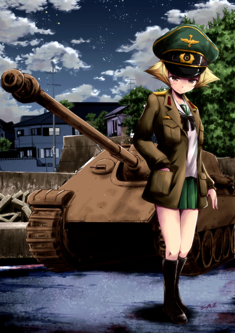 1girl blonde_hair brown_eyes clouds coat erwin_(girls_und_panzer) girls_und_panzer ground_vehicle hat house jagdpanther military military_hat military_vehicle motor_vehicle night ooarai_school_uniform saz_(sazin764) short_hair sky smile star tank tank_destroyer tree