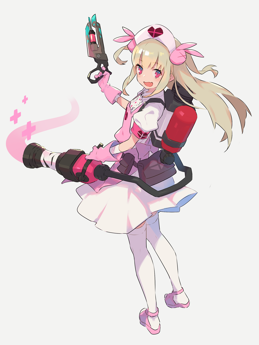 1girl belt_pouch blonde_hair fang full_body gloves hat highres isu_(is15u) long_hair looking_at_viewer natori_sana nurse nurse_cap open_mouth pink_eyes pouch sana_channel shoes simple_background solo team_fortress_2 thigh-highs trait_connection virtual_youtuber weapon white_background white_legwear