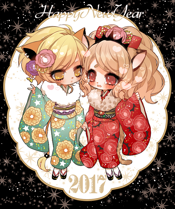 2017 2girls animal_ears big_hair blonde_hair blush brown_hair character_request chino_machiko floral_print fur_collar green_kimono happy_new_year heart holding_hand japanese_clothes kimono long_sleeves multiple_girls new_year obi parted_lips platform_footwear red_eyes red_kimono sandals sash show_by_rock!! sleeves_past_wrists socks tail tears white_legwear wide_sleeves yellow_eyes yuri