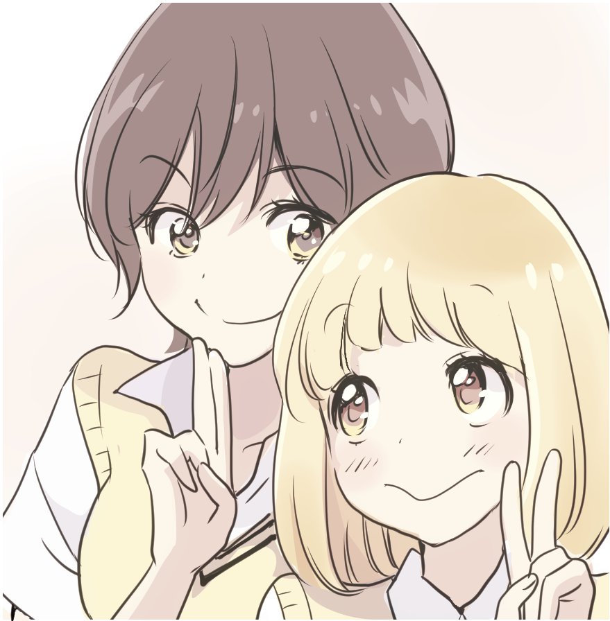 2girls :&gt; asagao_to_kase-san blonde_hair bob_cut brown_hair close-up closed_mouth face kase_tomoka multiple_girls official_art school_uniform short_hair smile sweater_vest takashima_hiromi v yamada_yui yellow_eyes