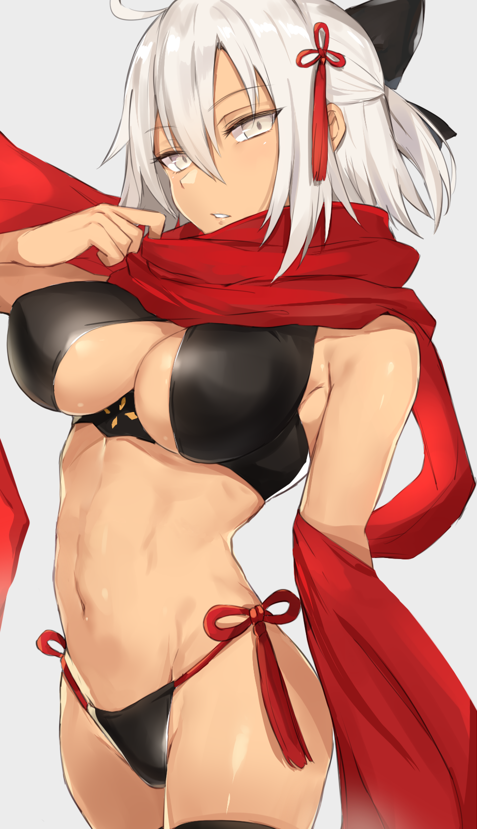 1girl abs ahoge bangs bare_shoulders bikini black_bikini black_bow bow breasts collarbone dark_skin fate/grand_order fate_(series) grey_eyes hair_between_eyes hair_bow hair_ornament halter_top halterneck highres hips koha-ace kyouki large_breasts looking_at_viewer navel okita_souji_(fate) okita_souji_alter_(fate) open_mouth parted_lips red_scarf scarf short_hair simple_background solo swimsuit tassel thighs tied_hair toned under_boob waist white_hair