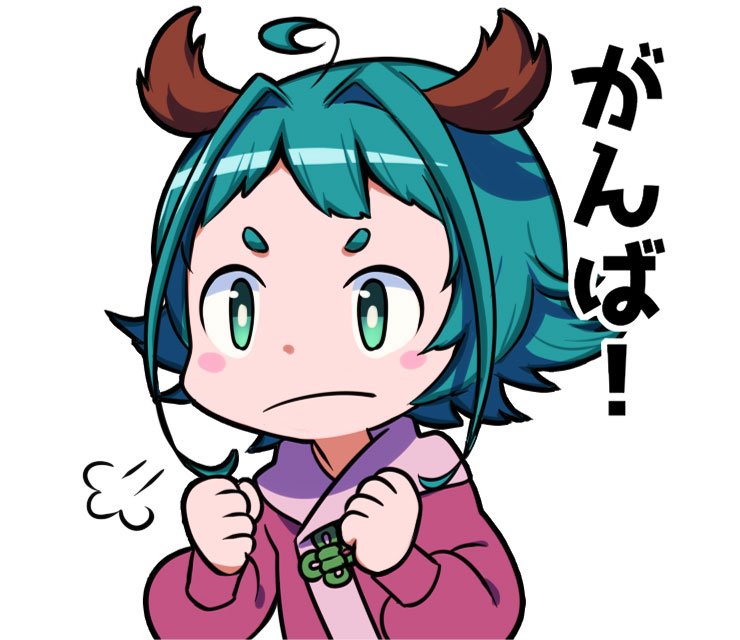 1girl =3 ahoge animal_ears blush_stickers chibi clenched_hands commentary_request dress green_eyes green_hair hair_intakes hands_up kasodani_kyouko long_sleeves looking_at_viewer namauni pink_dress puffy_sleeves short_hair simple_background solo touhou translated upper_body white_background