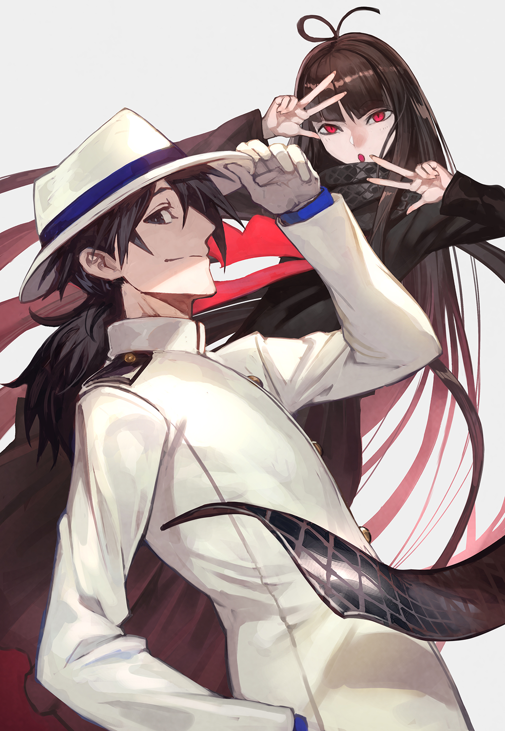1boy 1girl ahoge black_eyes black_hair black_scarf brown_hair closed_mouth commentary_request double_w fate/grand_order fate_(series) from_side gloves grey_background hand_on_headwear hat highres jacket lack long_hair looking_at_viewer looking_to_the_side oryuu_(fate) parted_lips ponytail red_eyes sakamoto_ryouma_(fate) scarf simple_background smile very_long_hair w white_gloves white_hat white_jacket