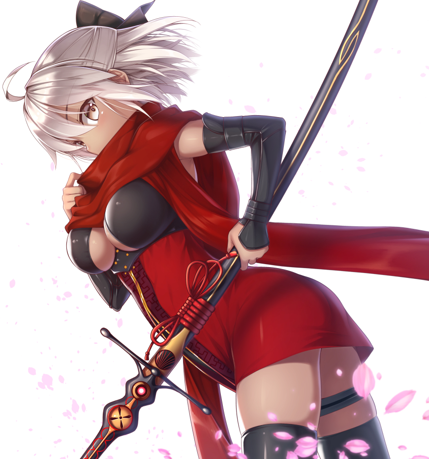 1girl black_legwear black_ribbon breasts brown_eyes cherry_blossoms commentary_request fate/grand_order fate_(series) hair_between_eyes hair_ribbon half_updo looking_at_viewer medium_breasts nullken okita_souji_(fate) okita_souji_alter_(fate) petals red_scarf ribbon scarf sheath sheathed short_hair silver_hair solo sword thigh-highs weapon