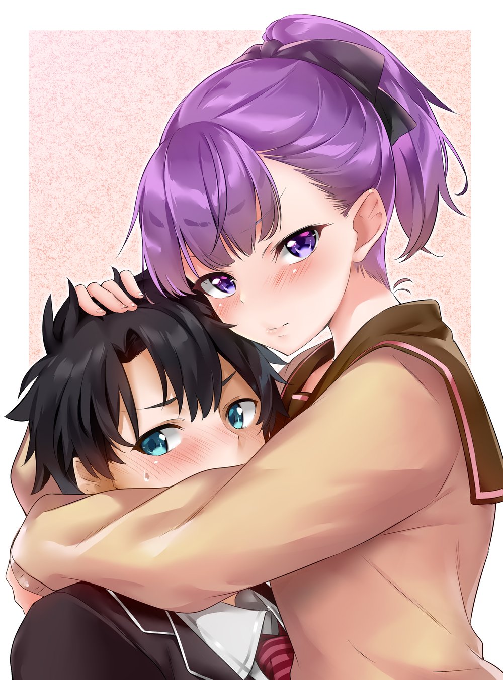 1boy 1girl 3: aqua_eyes black_hair black_jacket blazer blush commentary_request fate/grand_order fate_(series) fujimaru_ritsuka_(male) hand_on_another's_head helena_blavatsky_(fate/grand_order) hidden_mouth highres hug jacket looking_at_viewer necktie nishimi_shin purple_hair school_uniform serafuku sweater v-shaped_eyebrows violet_eyes