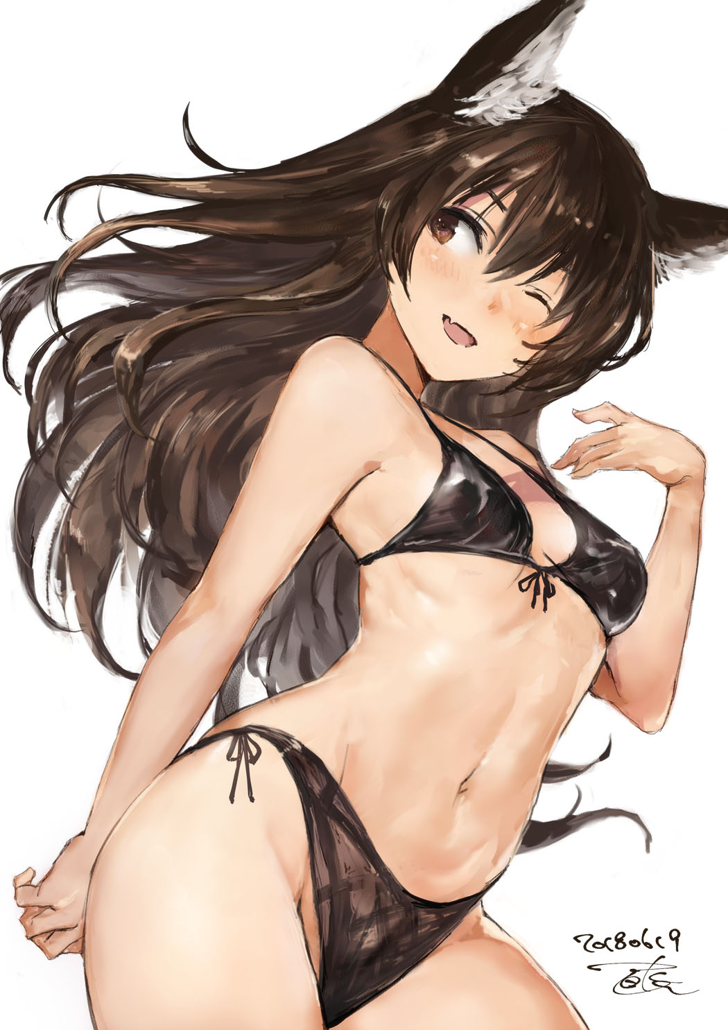 1girl animal_ears ashigara_(kantai_collection) bikini black_bikini blush breasts brown_eyes brown_hair dated fang groin highres kantai_collection kemonomimi_mode long_hair medium_breasts navel one_eye_closed open_mouth side-tie_bikini side_glance signature smile solo swimsuit toka_(marchlizard) wolf_ears